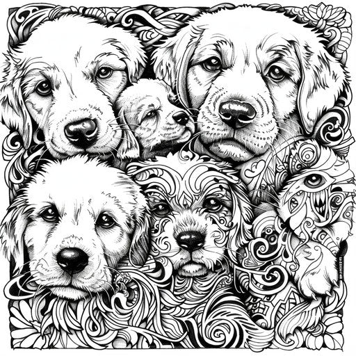 Intricate zentangle design with puppies. Coloring book page