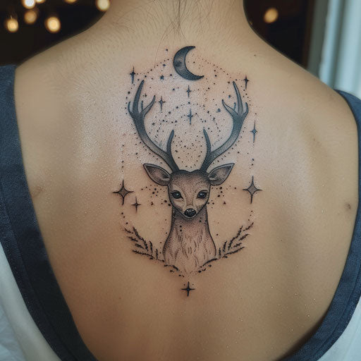 Mystical moonlit deer tattoo on white canvas