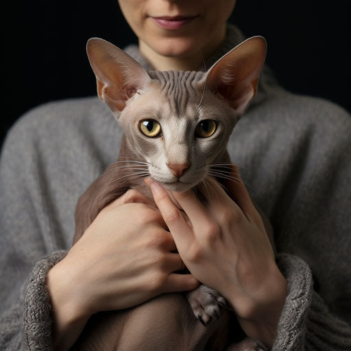 Oriental shorthair cat held by its owner