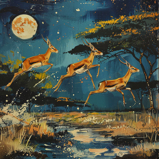 Graceful gazelles leaping in the moonlight