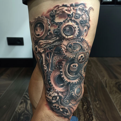 Knee tattoos in Adrian Smith style with mechanical gears