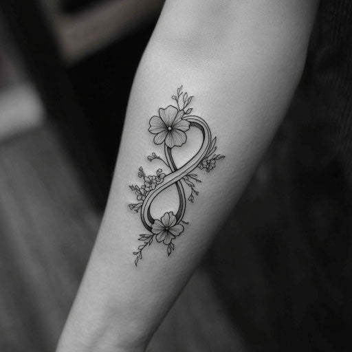 Small forearm tattoo: infinity symbol with floral details