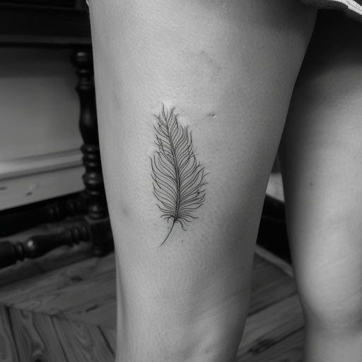 Delicate feather fine line tattoo in the style of J.P. Targete
