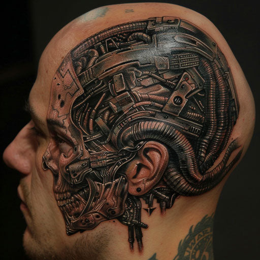 Head tattoos with sci-fi aesthetics