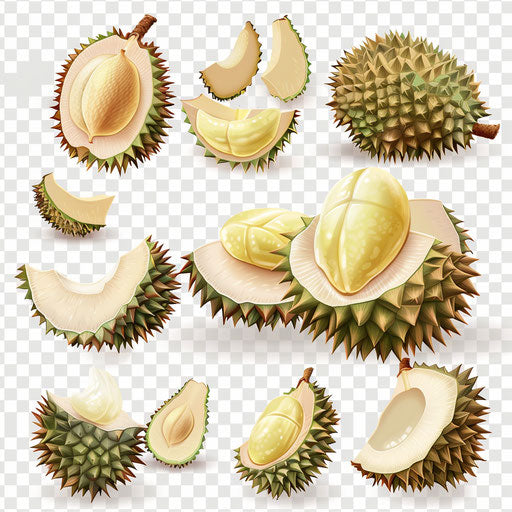 Durian clipart in a photorealistic style on flat white background