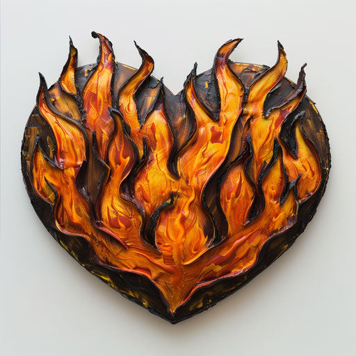 Burning heart on white background, lighthearted style