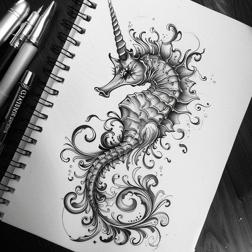 Art Nouveau inspired seahorse tattoo sketch