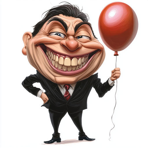 Humorous caricature of a leadership caricature with human characteristics, exaggerated grin teeth, big hands, holding a balloon, vibrant colors, cartoon style, winking -c 40