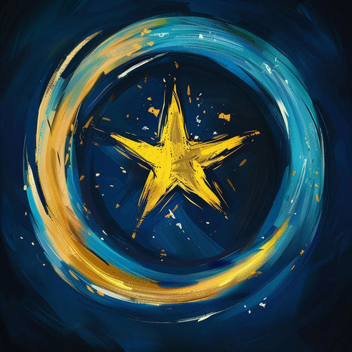 Blue and yellow star in center of circle, Disney animation style