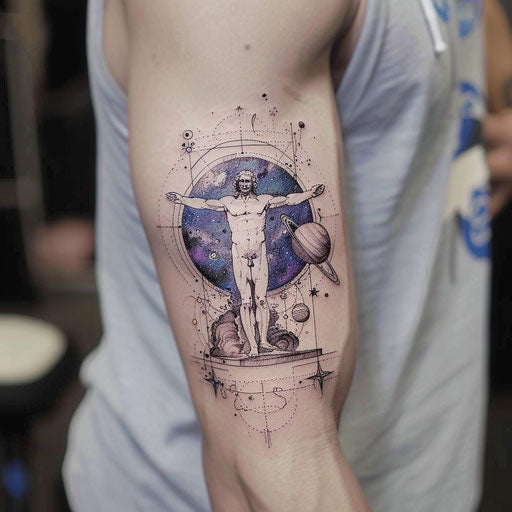 Elegant sketch of a tattoo of the Vitruvian Man with galaxy theme
