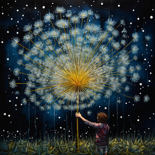 Dandelion drawings with fused glass art, precise pointillism