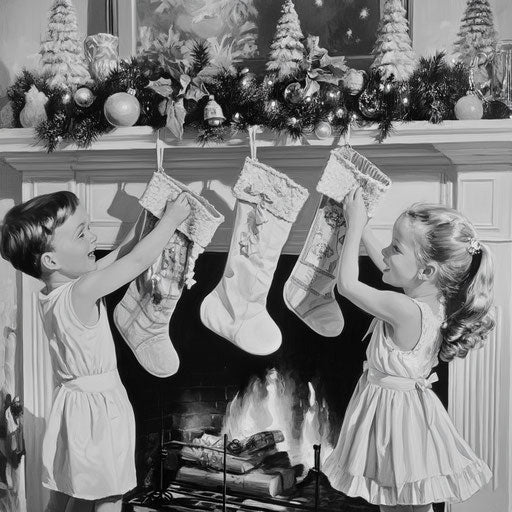 1930s Christmas morning, children opening stockings hung on a simple mantel, their expressions filled with joy