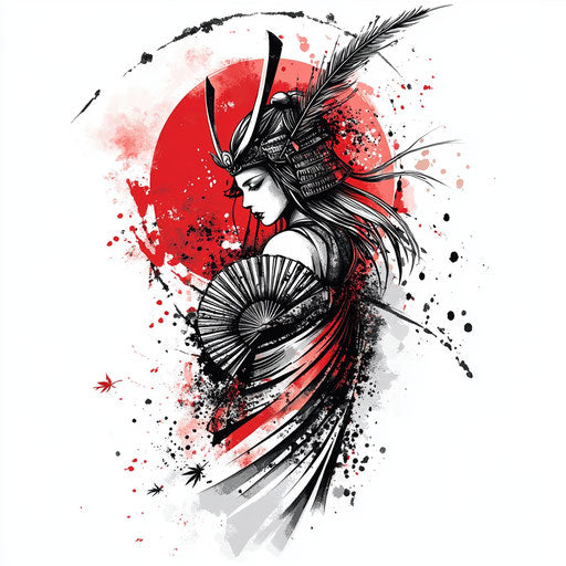 Japanese samurai tattoo sketch with fan and katana