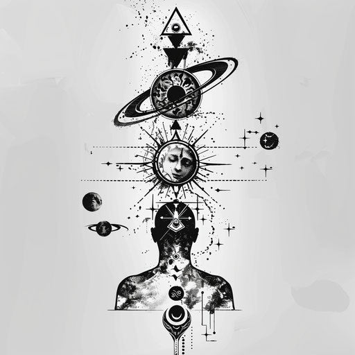 Artistic flat tattoo sketch of a soul transitioning through spiritual symbols