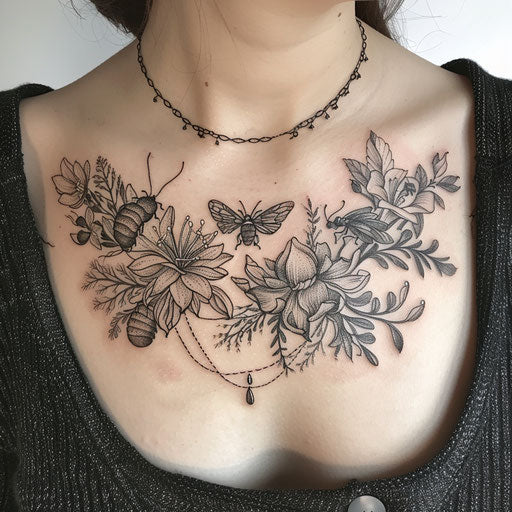 Collarbone tattoo with detailed insects and exotic plants