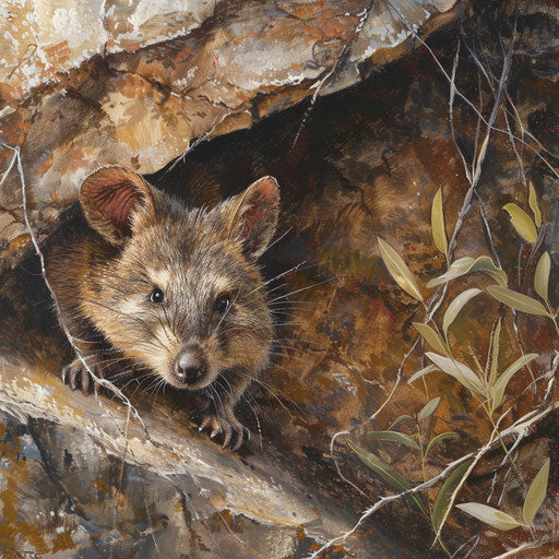 Northern brown bandicoot peeking from behind a rock