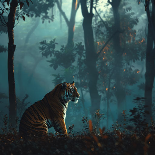 The tranquil beauty of a Sunda tiger sitting at the edge of a forest clearing, with the early morning fog gently enveloping the trees.