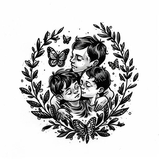 A flat tattoo sketch of three children with butterfly elements