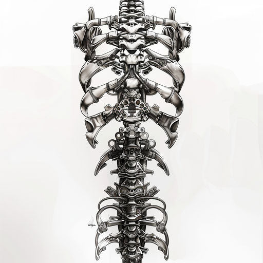 Biomechanical spine tattoo in metallic tones on white