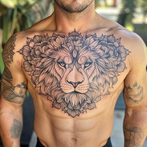 Lion chest tattoo with mandala pattern