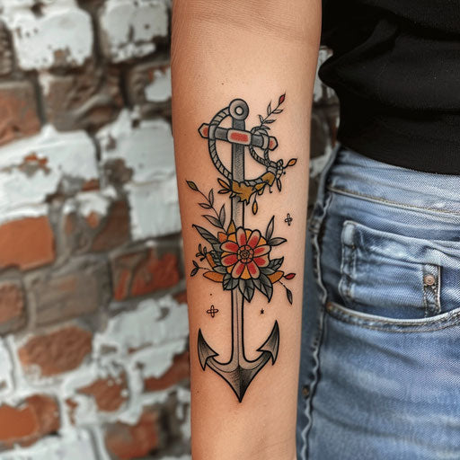 Women's forearm tattoos Sailor Jerry style nautical anchor