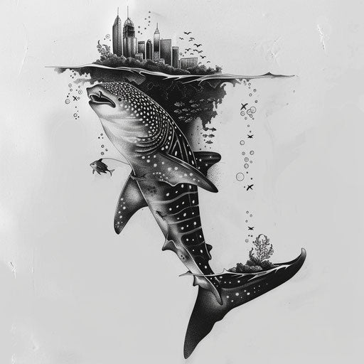 Flat tattoo sketch of a whale shark with surreal underwater scene