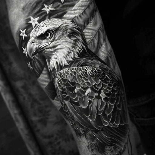 Sketch of a majestic eagle and American flag tattoo, full sleeve for men