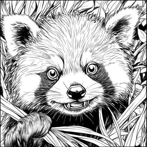 Red panda with humorous and exaggerated features, in the style of Andy Marlette, Coloring book page