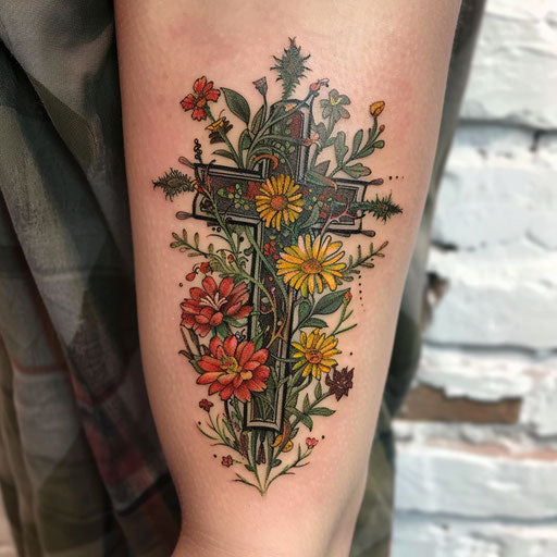 Botanical-themed cross tattoo for men with detailed flora