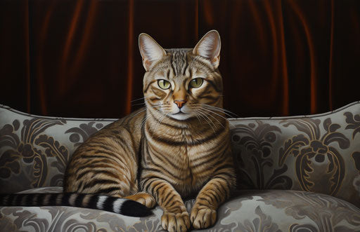 A cat on a cushion sitting on a couch, sumatra style, striped arrangements