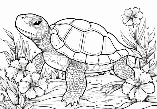 Coloring page of a turtle with flowers