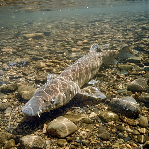 Young white sturgeon swimming with parent in clear stream