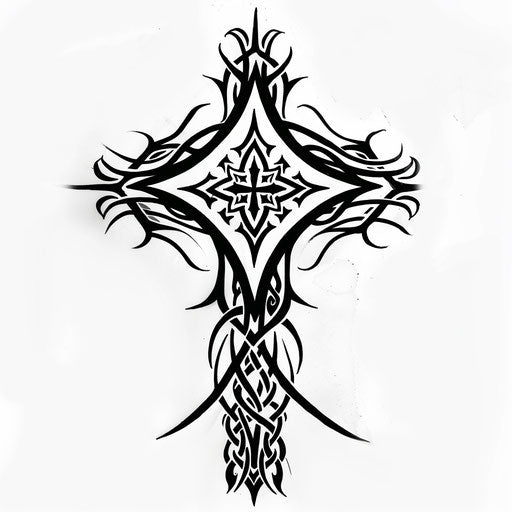 Strong cross tattoo surrounded by tribal design