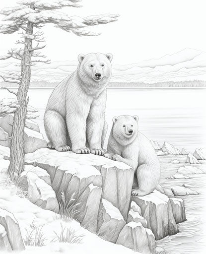 Polar bears coloring at the zoo in the style of Carolyn Blish