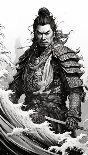 Black and white drawing of a samurai, traditional oceanic art style