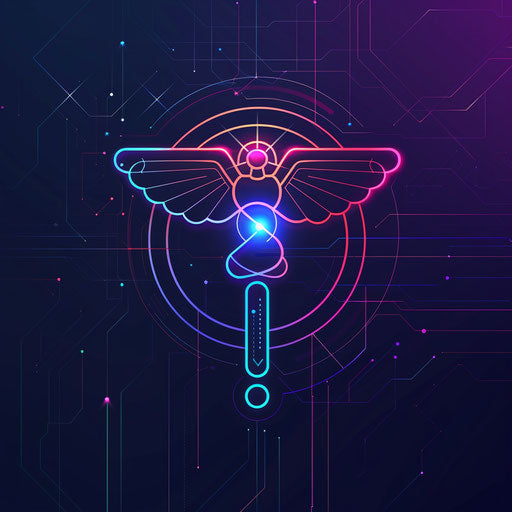 Tech-inspired doctor logo with futuristic elements and neon colors on dark blue background