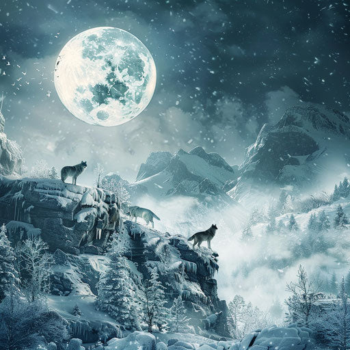 Wolves howling at full moon in snowy landscape