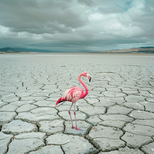 Solitary flamingo in a dried-up lakebed