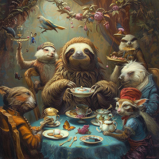 A theatrical celebration with a sloth and eccentric characters