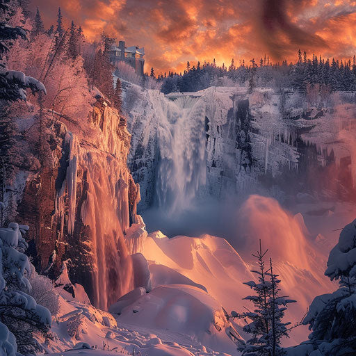Montmorency Falls, Quebec, captured in dramatic evening light, in the style of Marc Adamus
