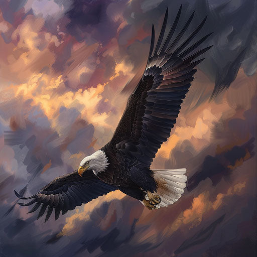 Bald eagle in flight with dramatic sky
