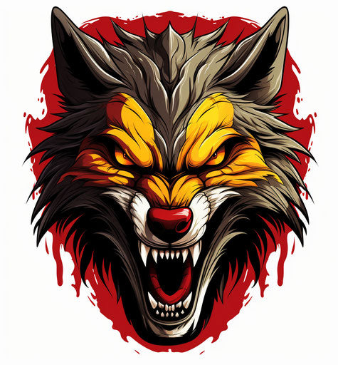 Red wolf head with spike teeth, tattoo style
