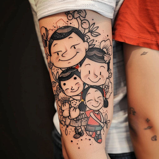 Sibling tattoos inspired by H. Ramos with cartoon figures