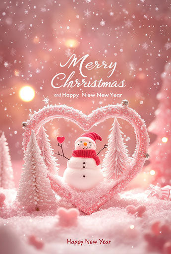 3D pink heart scene with snowman and trees