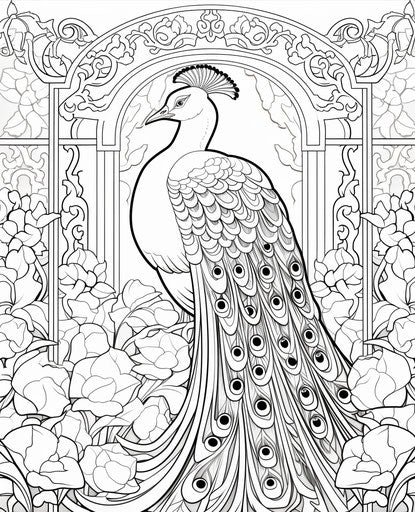 Peacock coloring page in black and white, realistic Art Deco style
