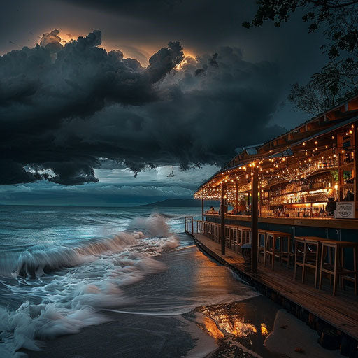 Melancholic sunset at a beach with crashing waves and dark clouds