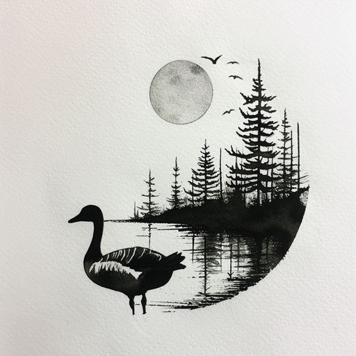 Silhouette of a goose on a peaceful lake