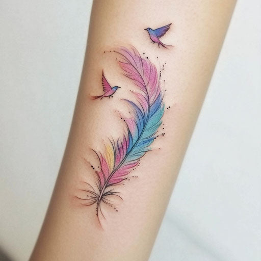 Tattoo sketch of arm with feather turning into birds
