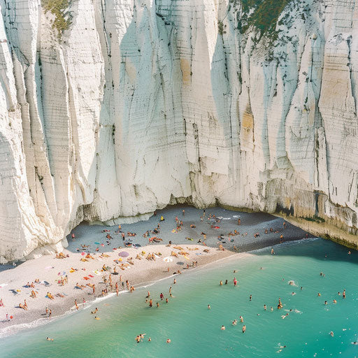 White Cliffs of Dover with colorful beachgoers below