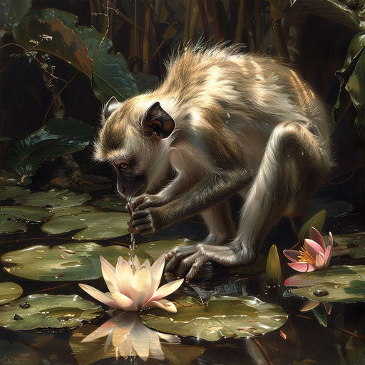 Monkey sipping water from lily-covered pond